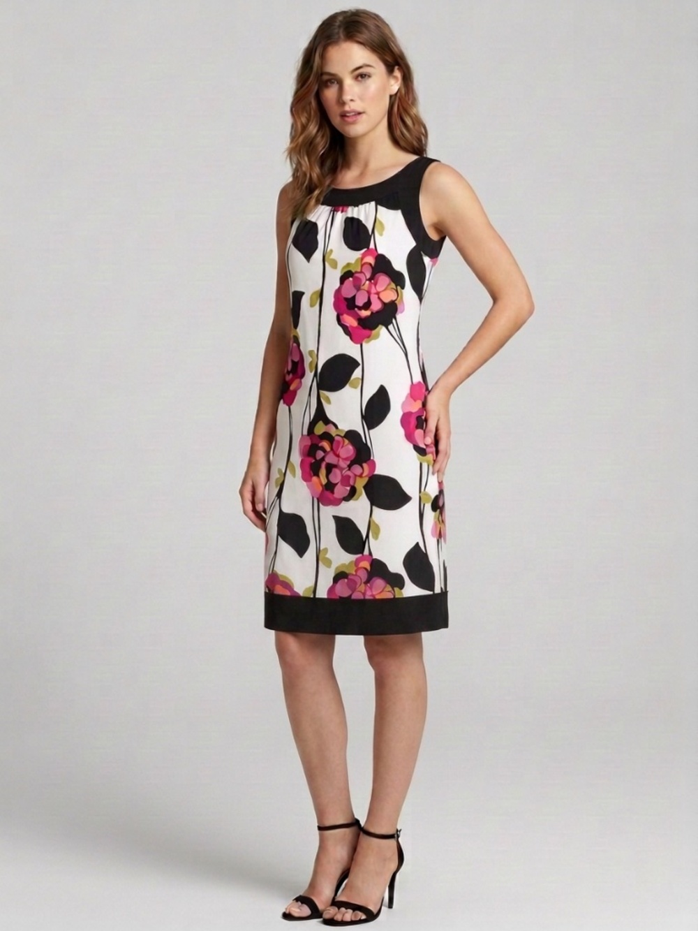 Misses’ Floral Slim Dress, Size 12, Pink, Black and White, AGB #0337Y40